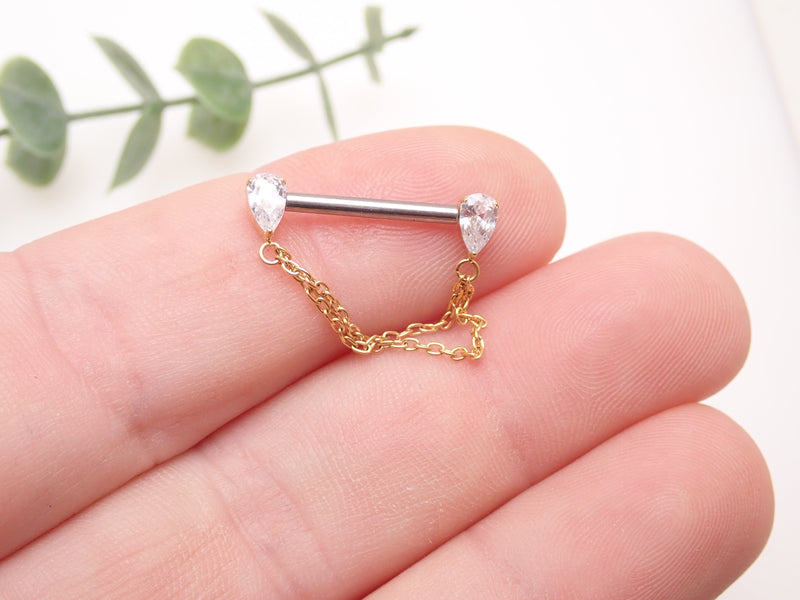 Threadless Chain/CZ  Nipple Barbell 16g/14g/12g