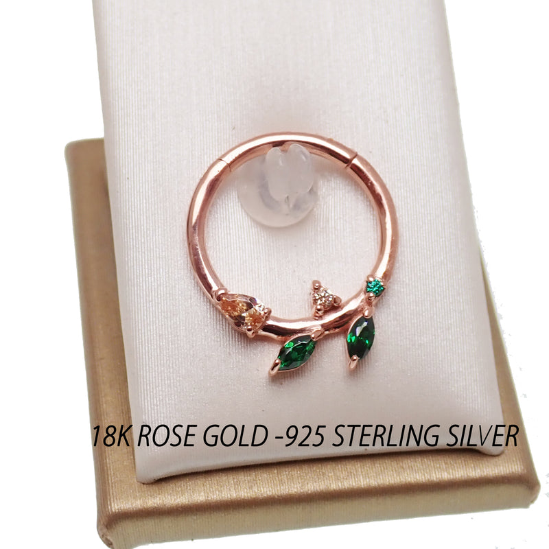 925 Sterling Silver 18k Rose Gold Leaf Clicker 16g