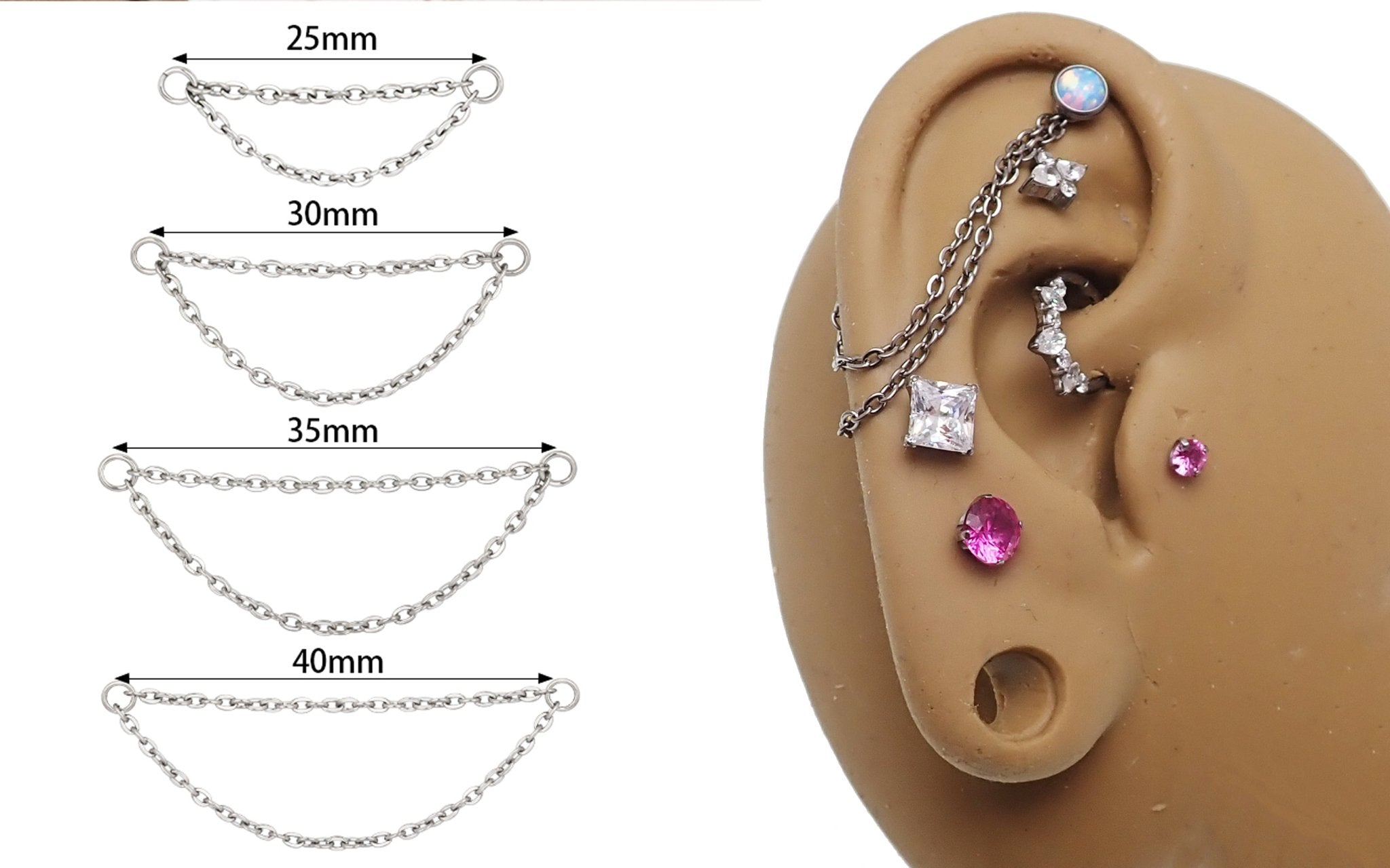 Double titanium add-on piercing chain from Body Clickers Body Jewelry, showing sleek, shiny titanium links on a jewelry display