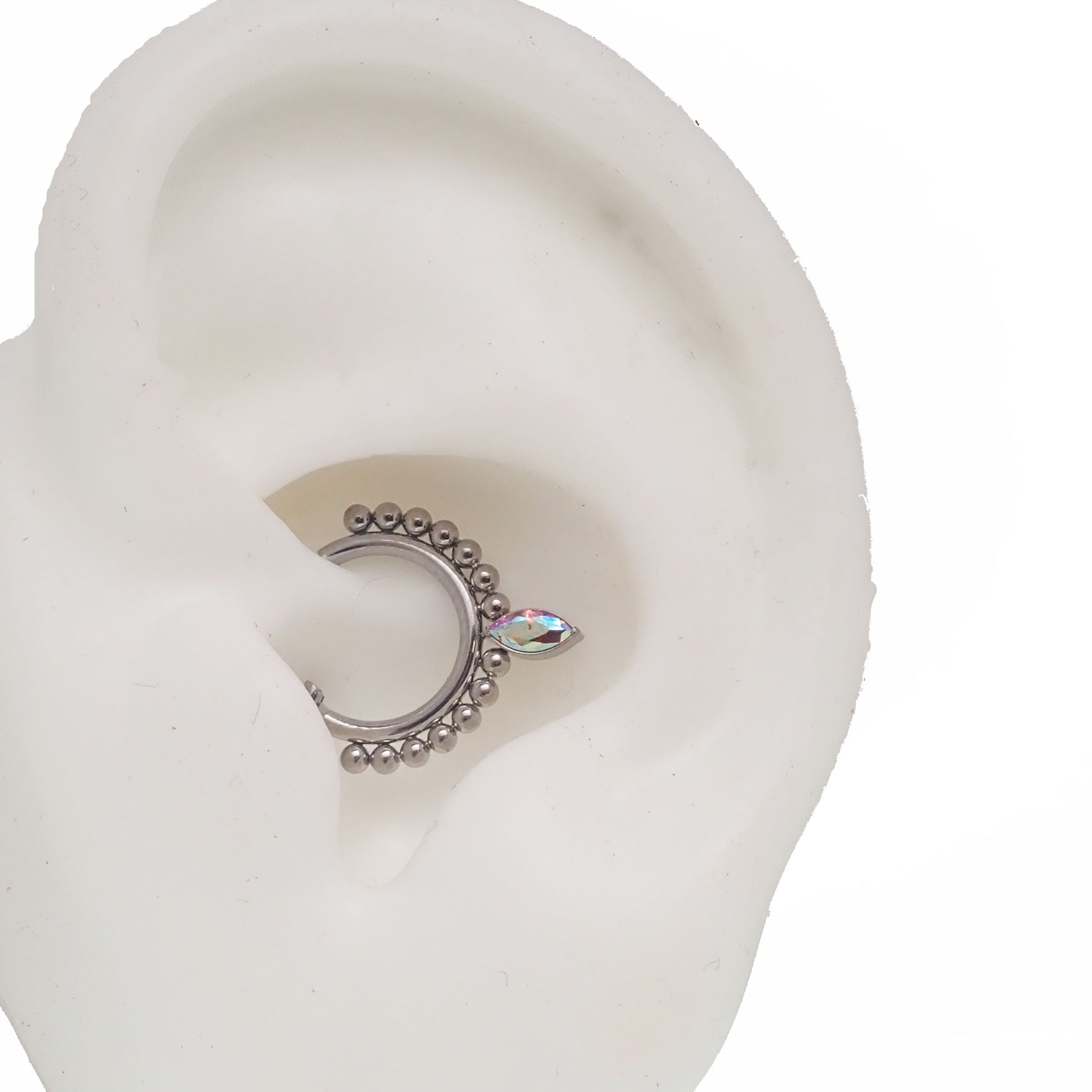 Beaded teardrop clicker ring 16g body jewelry with intricate bead detailing, designed for easy wear and stylish body piercing.