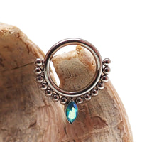 Teal beaded teardrop-shaped clicker ring in 16g body jewelry by Body Clickers, featuring intricate bead detailing.