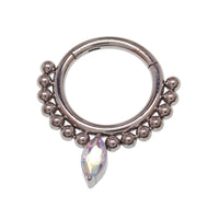 Beaded titanium teardrop clicker ring 16g, body jewelry with intricate bead design and comfortable clicker closure.