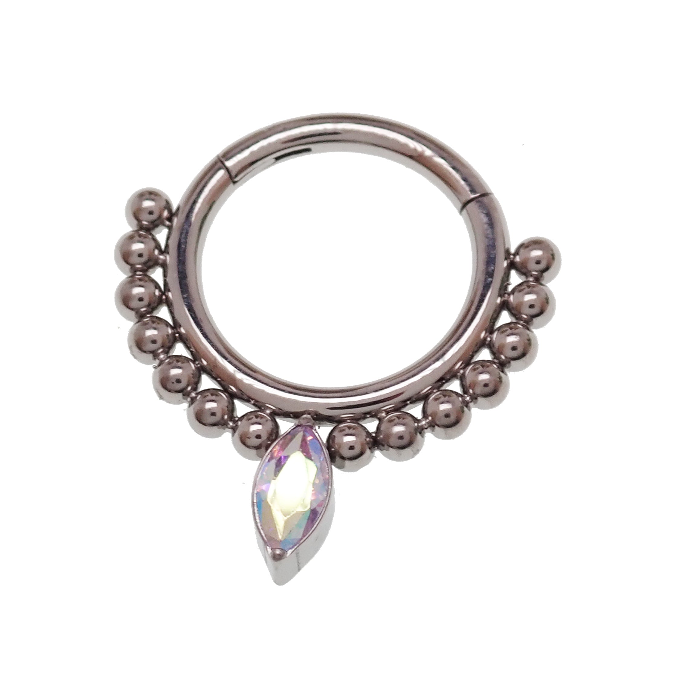 Beaded titanium teardrop clicker ring 16g, body jewelry with intricate bead design and comfortable clicker closure.