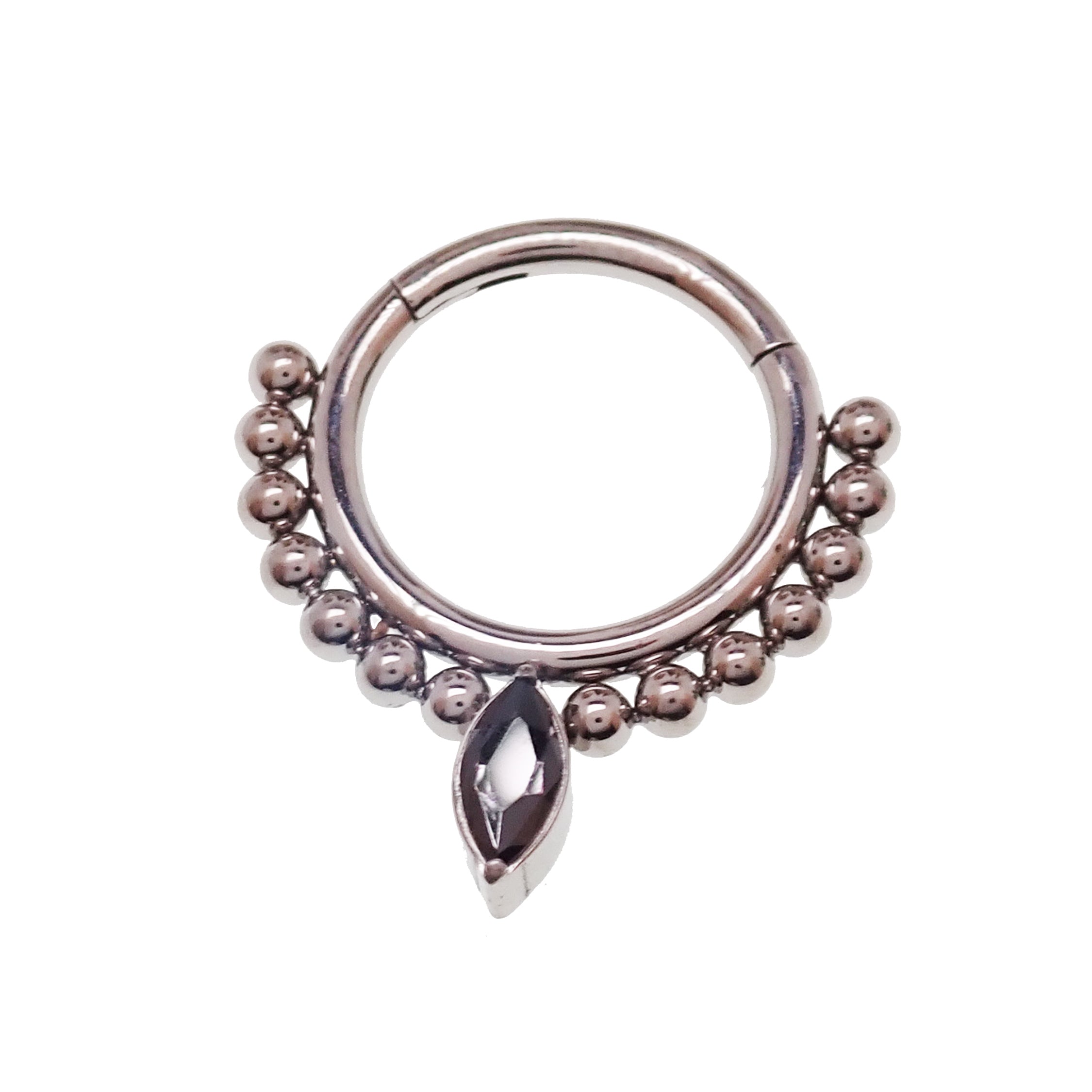 Black beaded titanium teardrop clicker ring for body jewelry, 16g, featuring a stylish teardrop design by Body Clickers.