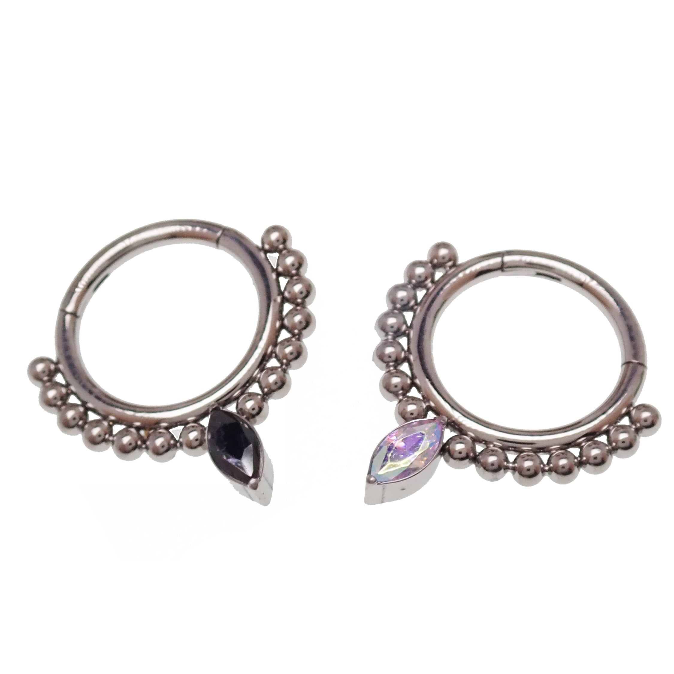 Beaded titanium teardrop clicker ring for body jewelry, 16g, with intricate bead detailing and sleek design.