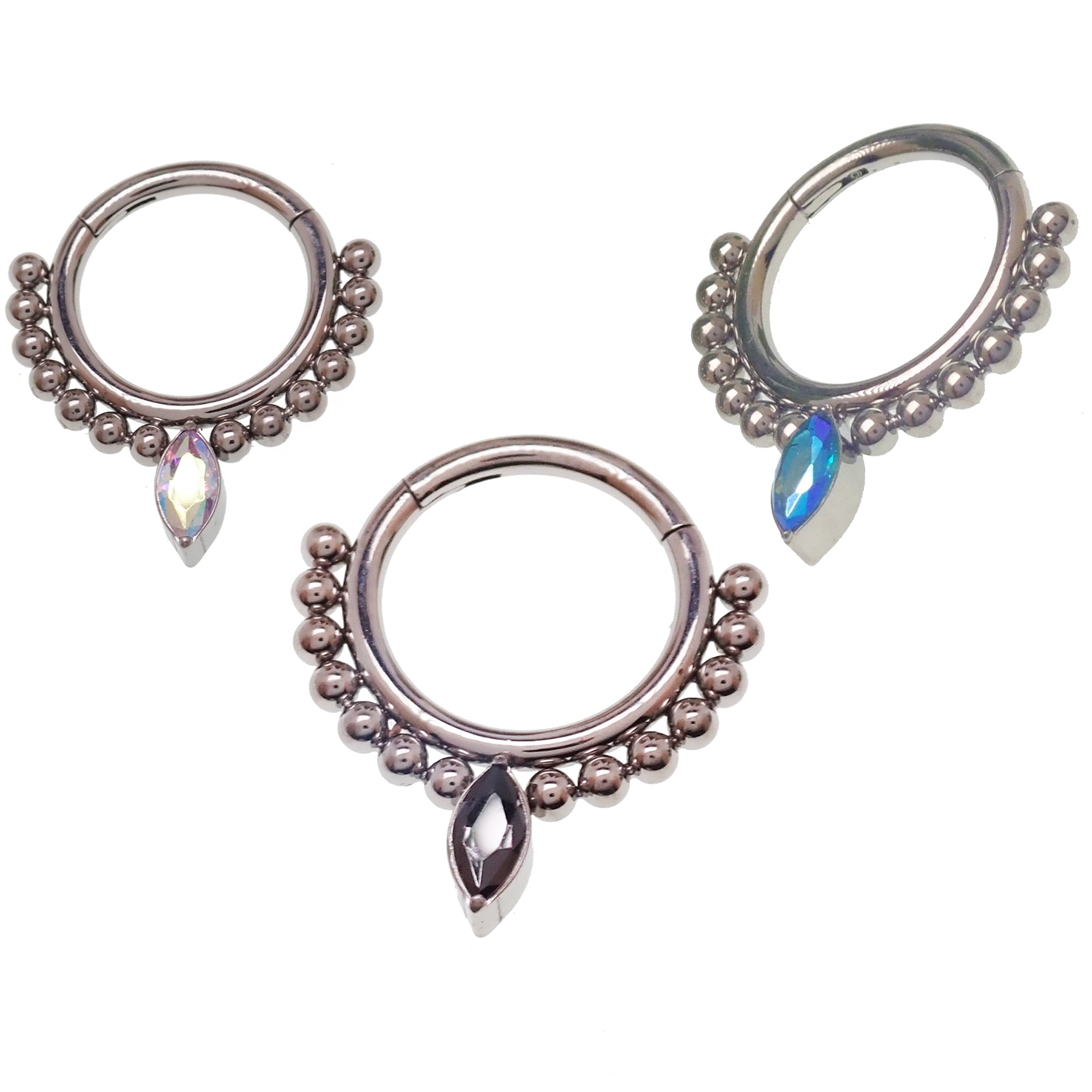 Beaded teardrop clicker ring in 16g titanium body jewelry, featuring intricate bead details for septum or daith piercing.