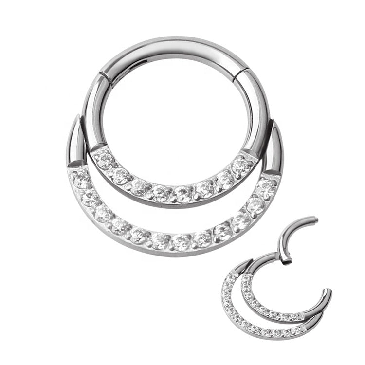 Double crystal titanium clicker earring in 16g from Body Clickers Body Jewelry, showcasing clear double crystals and sleek design.