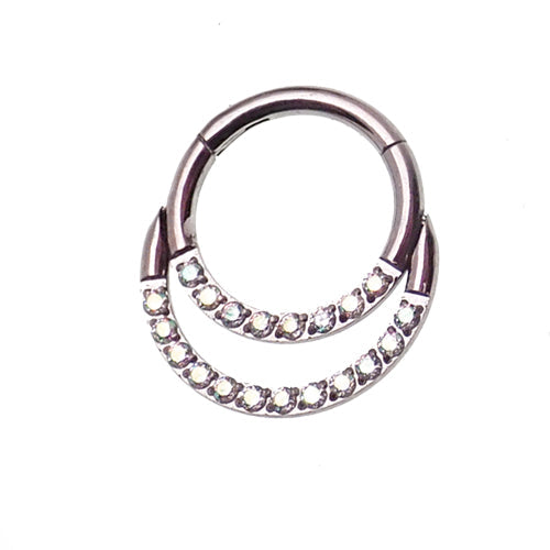 Double crystal titanium clicker in 16g, featuring clear crystals and sleek body jewelry design.