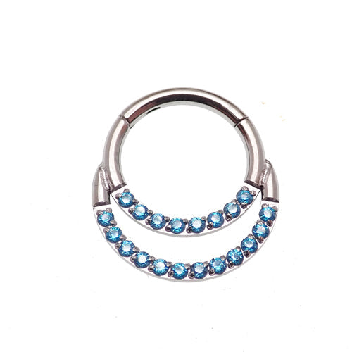 Double crystal titanium clicker in 16g with clear gemstones, body jewelry featuring a sleek, modern design.