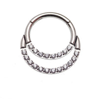 Double crystal titanium clicker in 16g with clear stones, body jewelry featuring a sleek, modern design.
