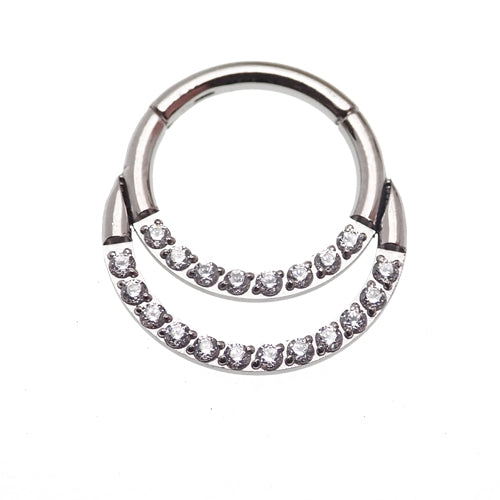 Double crystal titanium clicker in 16g with clear stones, body jewelry featuring a sleek, modern design.