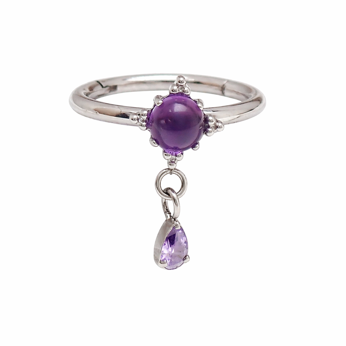 Titanium amethyst hinge clicker body jewelry, 16g with 8mm or 10mm size, featuring a sleek implant-grade design and vibrant purple gemstone.