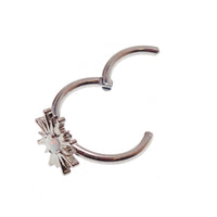 Implant grade titanium white opal sun hinge clicker body jewelry in 16g with 8mm or 10mm size for piercings.