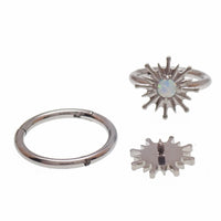 Implant grade titanium white opal sun hinge clicker body jewelry in 16g with 8mm or 10mm size for piercings.