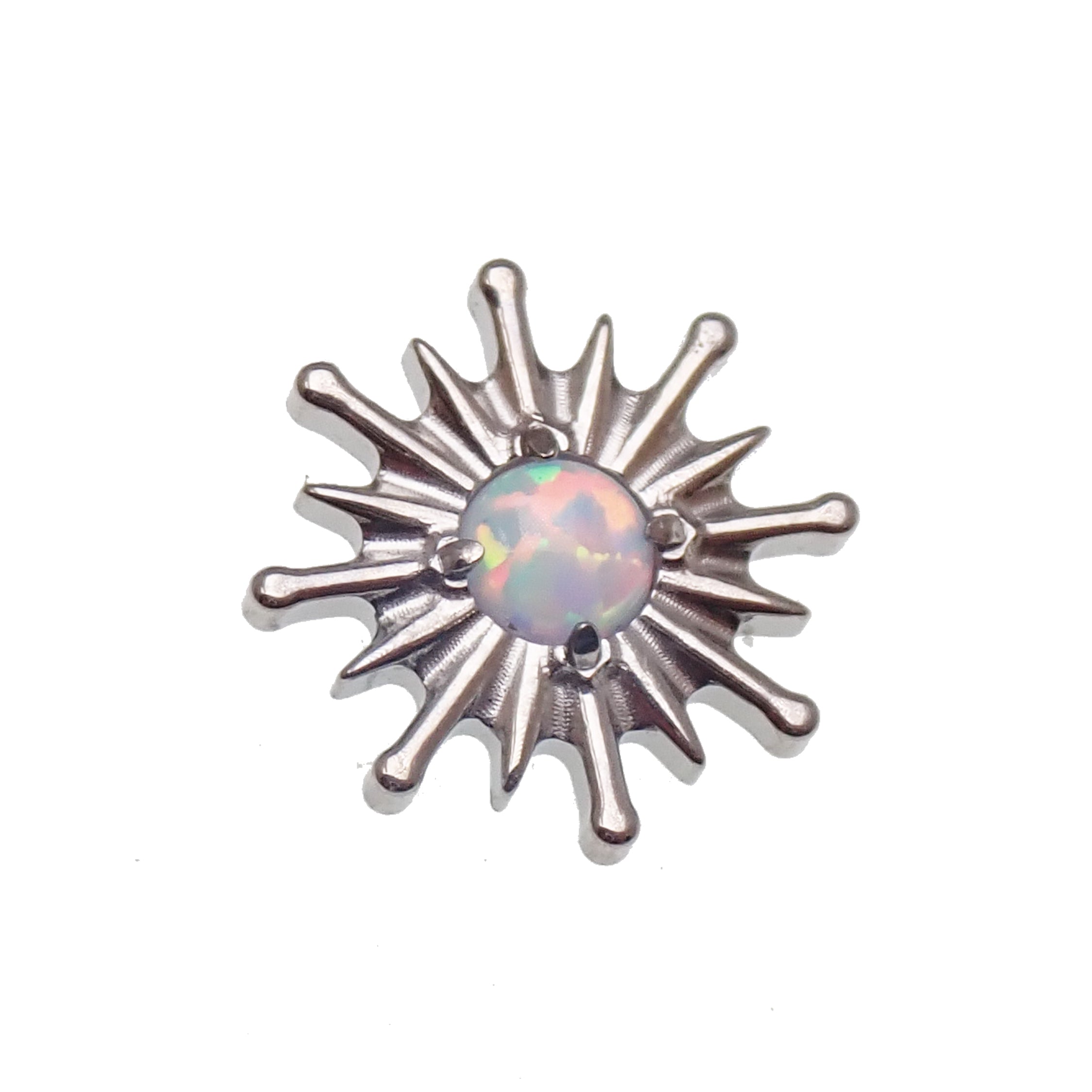 Implant grade titanium white opal sun hinge clicker body jewelry in 16g with 8mm or 10mm size for ear or cartilage piercings.