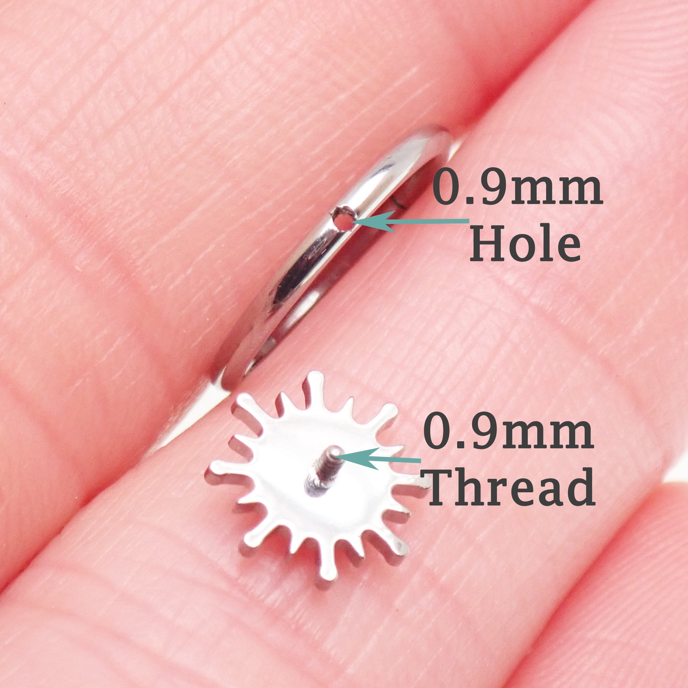 Implant grade titanium white opal sun hinge clicker body jewelry, 16g with 8mm or 10mm diameter piercing.