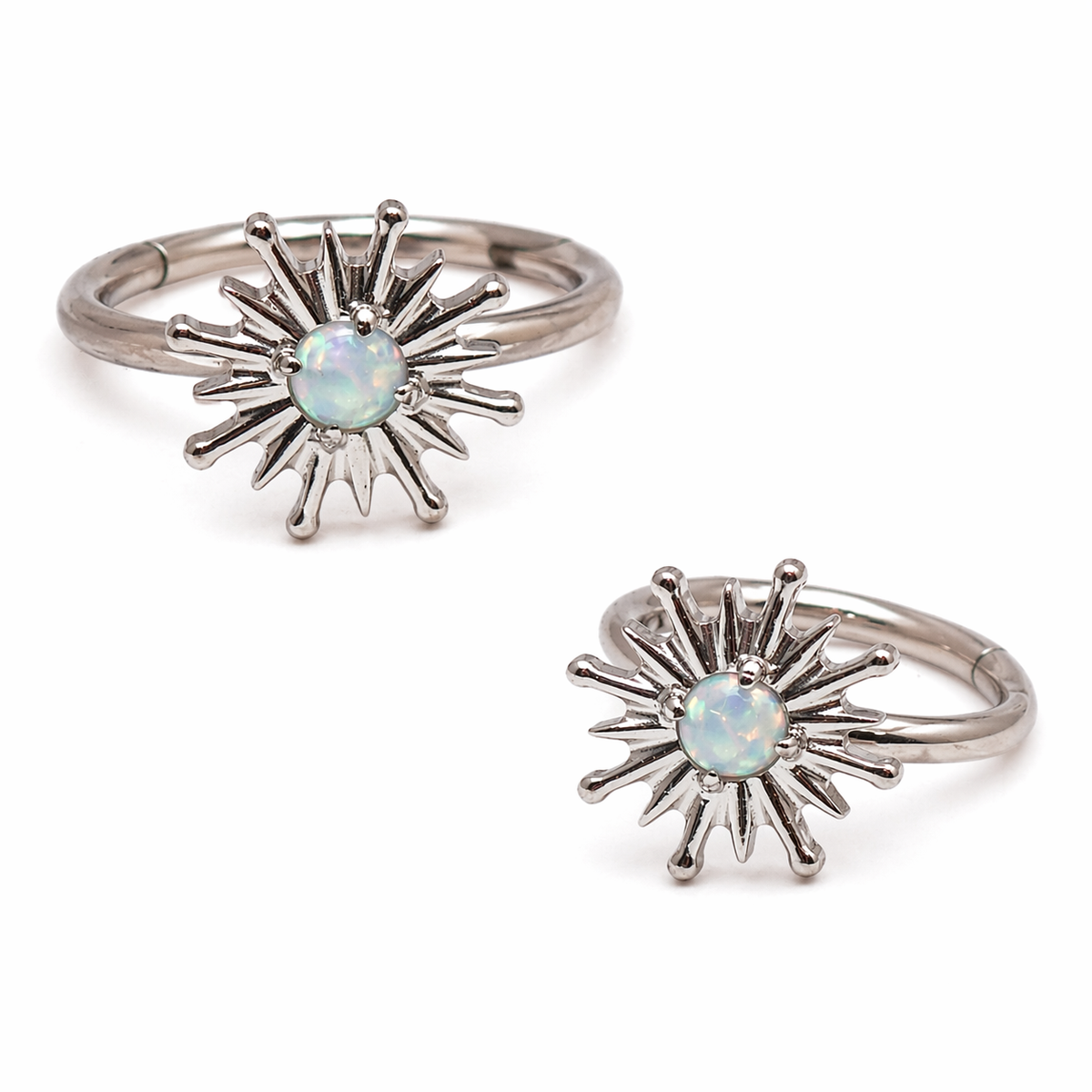 Implant grade titanium white opal sun hinge clicker body jewelry in 8mm and 10mm sizes, 16g gauge, with sunburst design.
