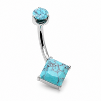 A silver-toned curved barbell belly button ring featuring a round turquoise stone on the top curve and a larger square turquoise stone on the bottom curve, set against a plain white background.