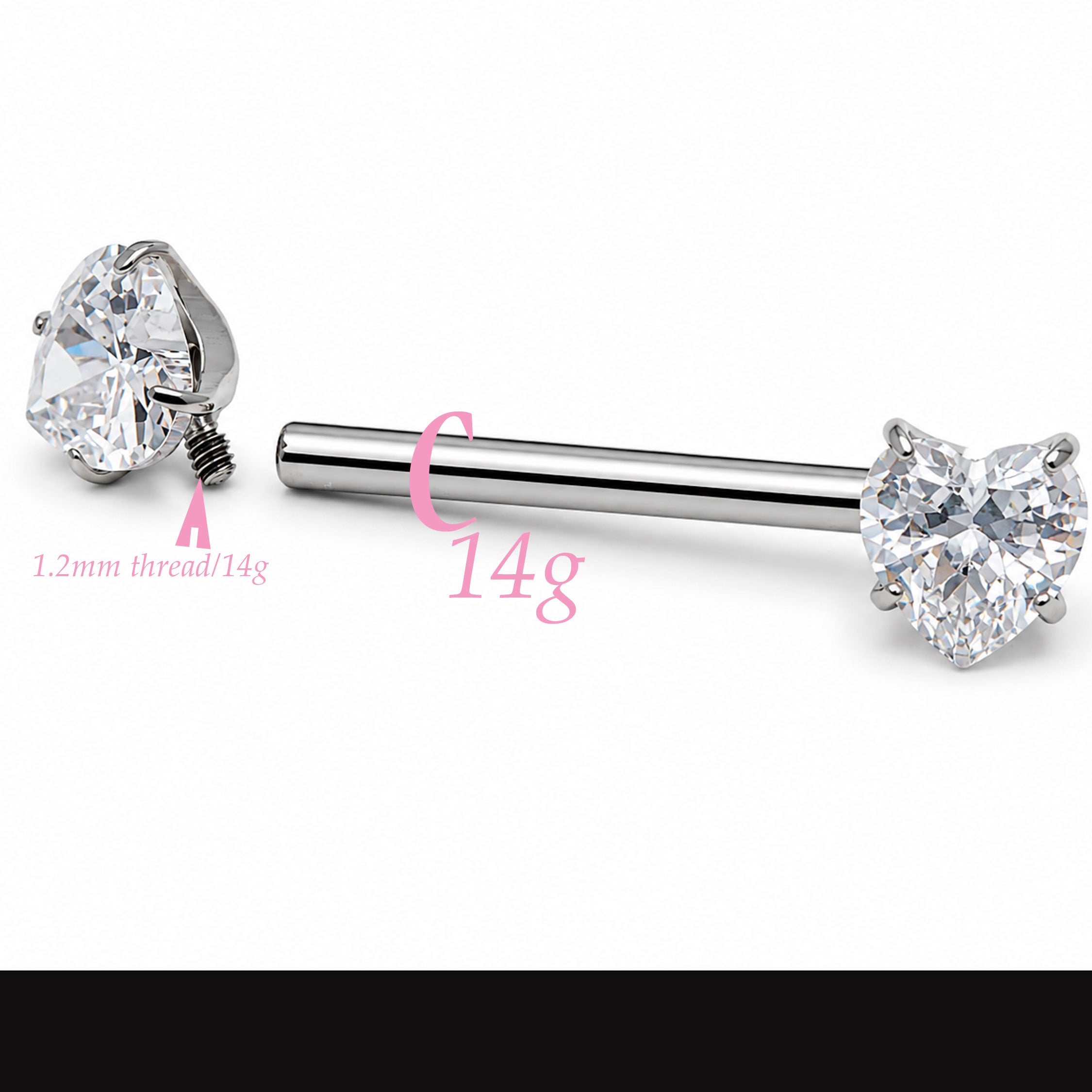 14g Heart Nipple rings Internally Threaded PAIR  14mm