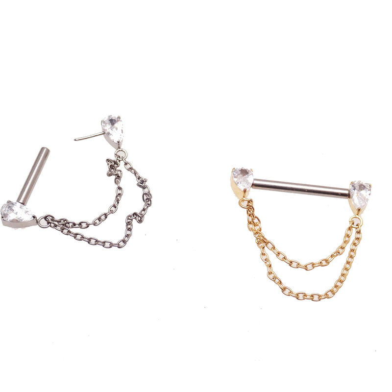 Threadless Chain/CZ  Nipple Barbell 16g/14g/12g