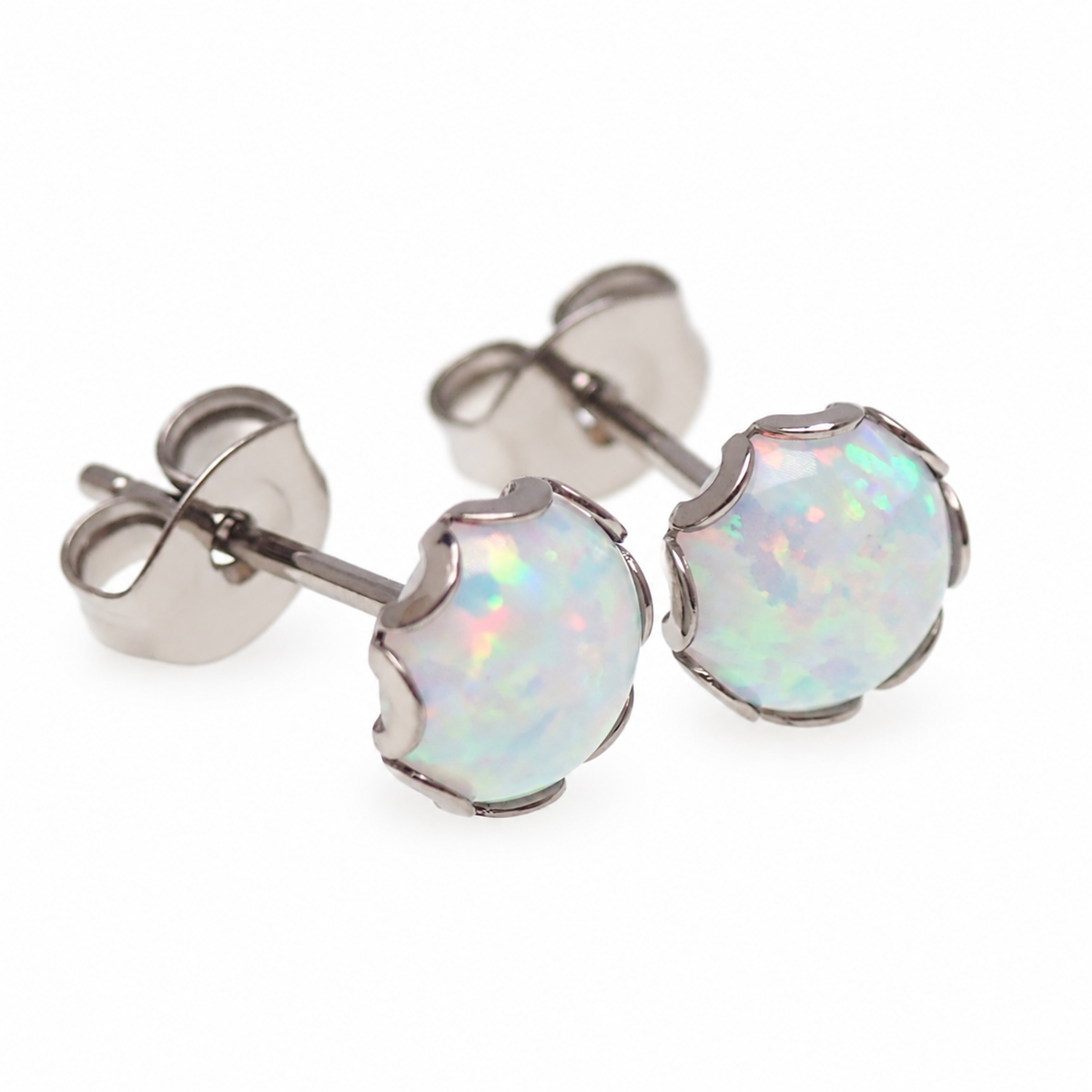Implant grade Titanium 6mm Round White Opal Earrings- Pair 20g